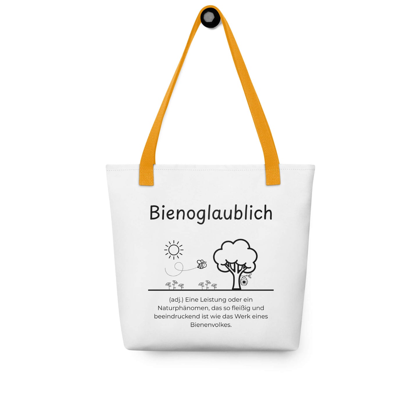 Bienoglaublich - Stofftasche in Yellow -White aus Polyester und Baumwolle - Premium Edition - Frontansicht hängend mit schwarzem Print