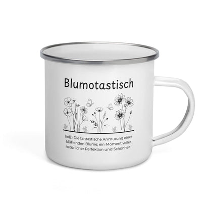 Blumotastisch Emailletasse in Weiß - neues Wort für Perfektion und Schönheit - Front mit Henkel rechts - Wortstolz Design