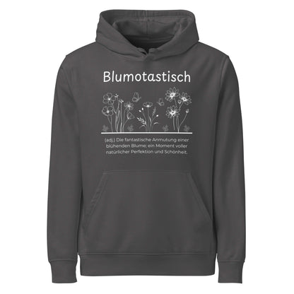 Hoodie mit Spruch - Blumotastisch Kapuzenpullover in Anthracite aus Bio-Baumwolle - Res5 Edition - Frontansicht mit weißem Print