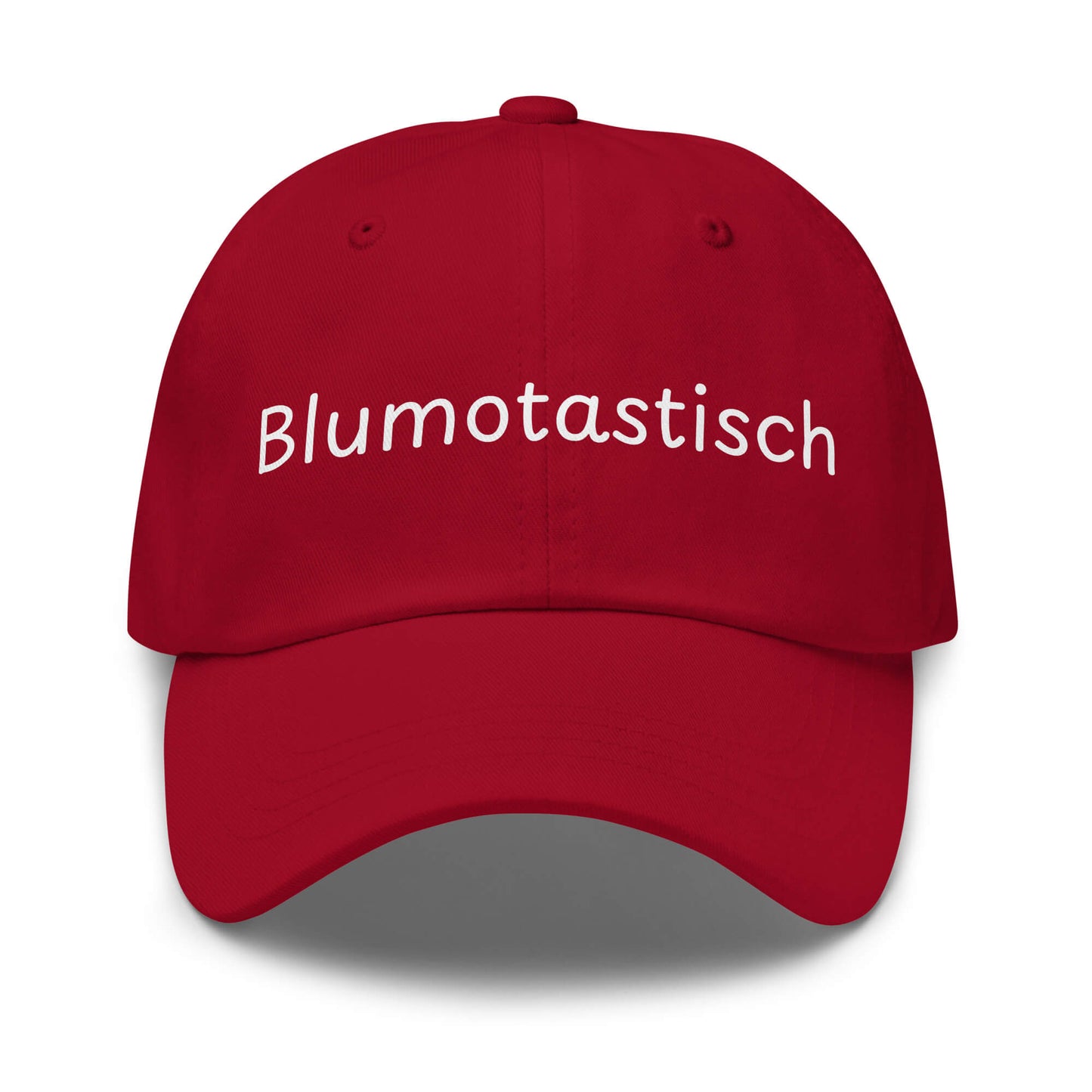 Blumotastisch Premium Dad Cap in Cranberry aus Chino-Baumwoll-Twill - neues Wort für Perfektion und Schönheit - Front - Wortstolz Design