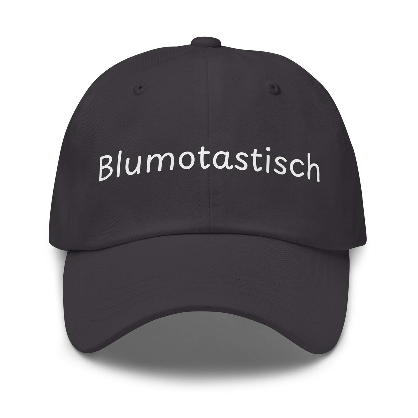 Blumotastisch Premium Dad Cap in Grau aus Chino-Baumwoll-Twill - neues Wort für Perfektion und Schönheit - Front - Wortstolz Design