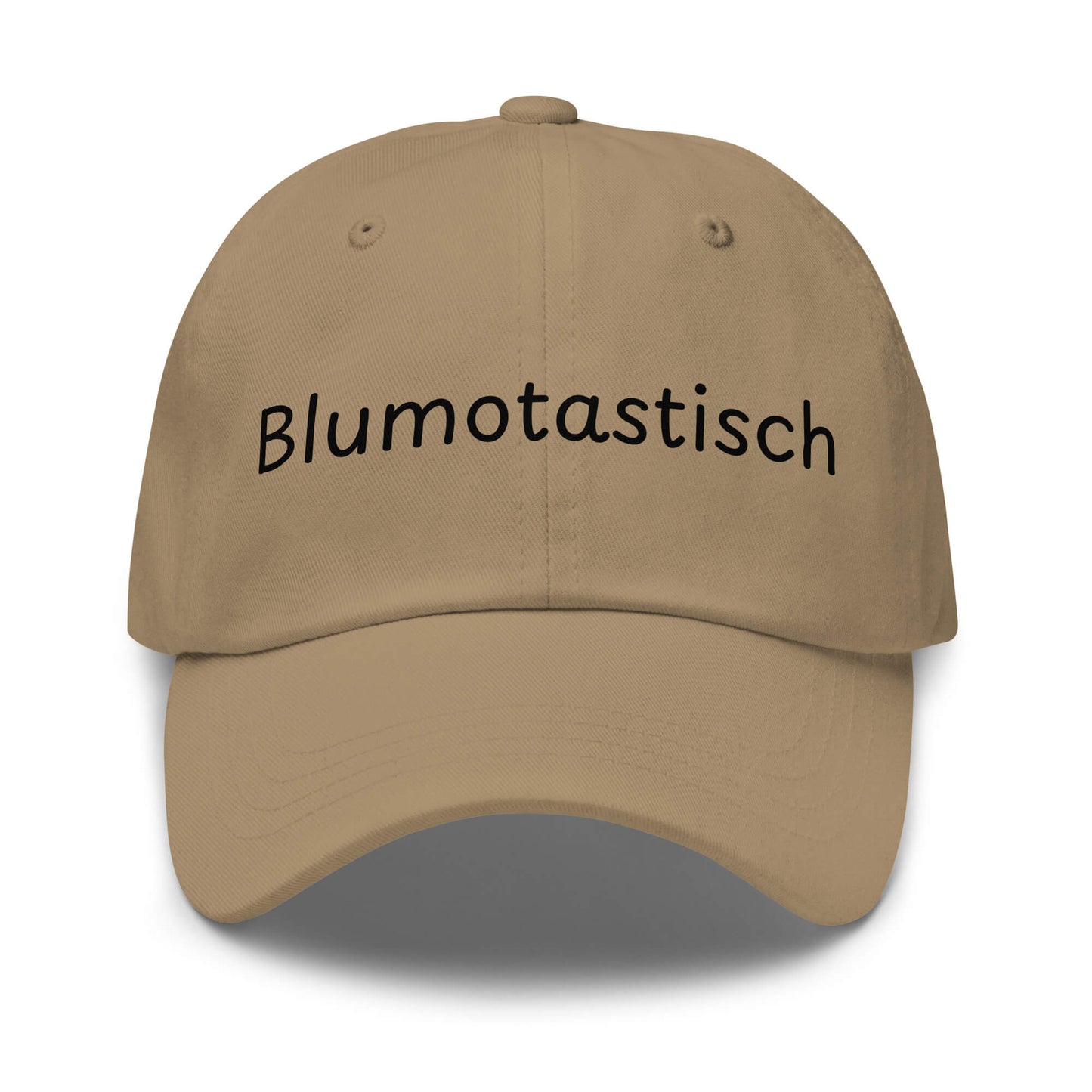 Blumotastisch Premium Dad Cap in Khaki aus Chino-Baumwoll-Twill - neues Wort für Perfektion und Schönheit - Front - Wortstolz Design