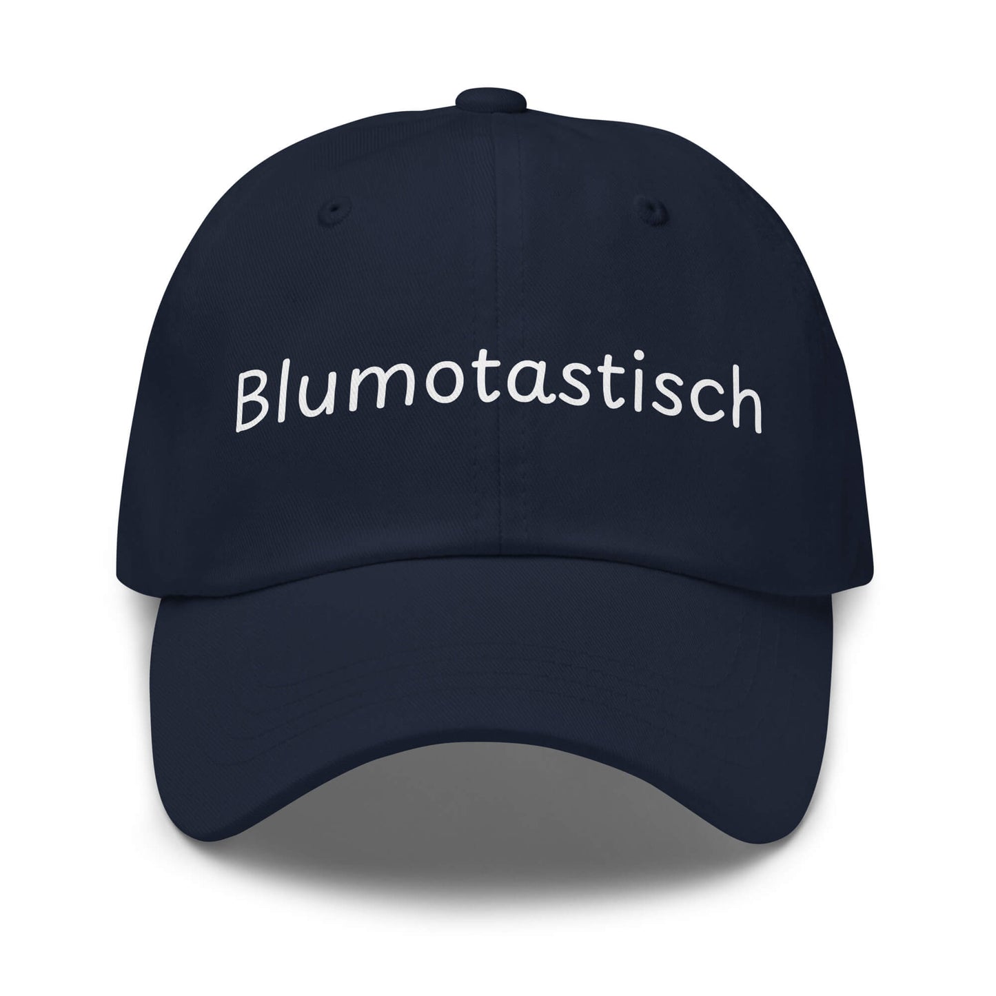 Blumotastisch Premium Dad Cap in Marineblau aus Chino-Baumwoll-Twill - neues Wort für Perfektion und Schönheit - Front - Wortstolz Design