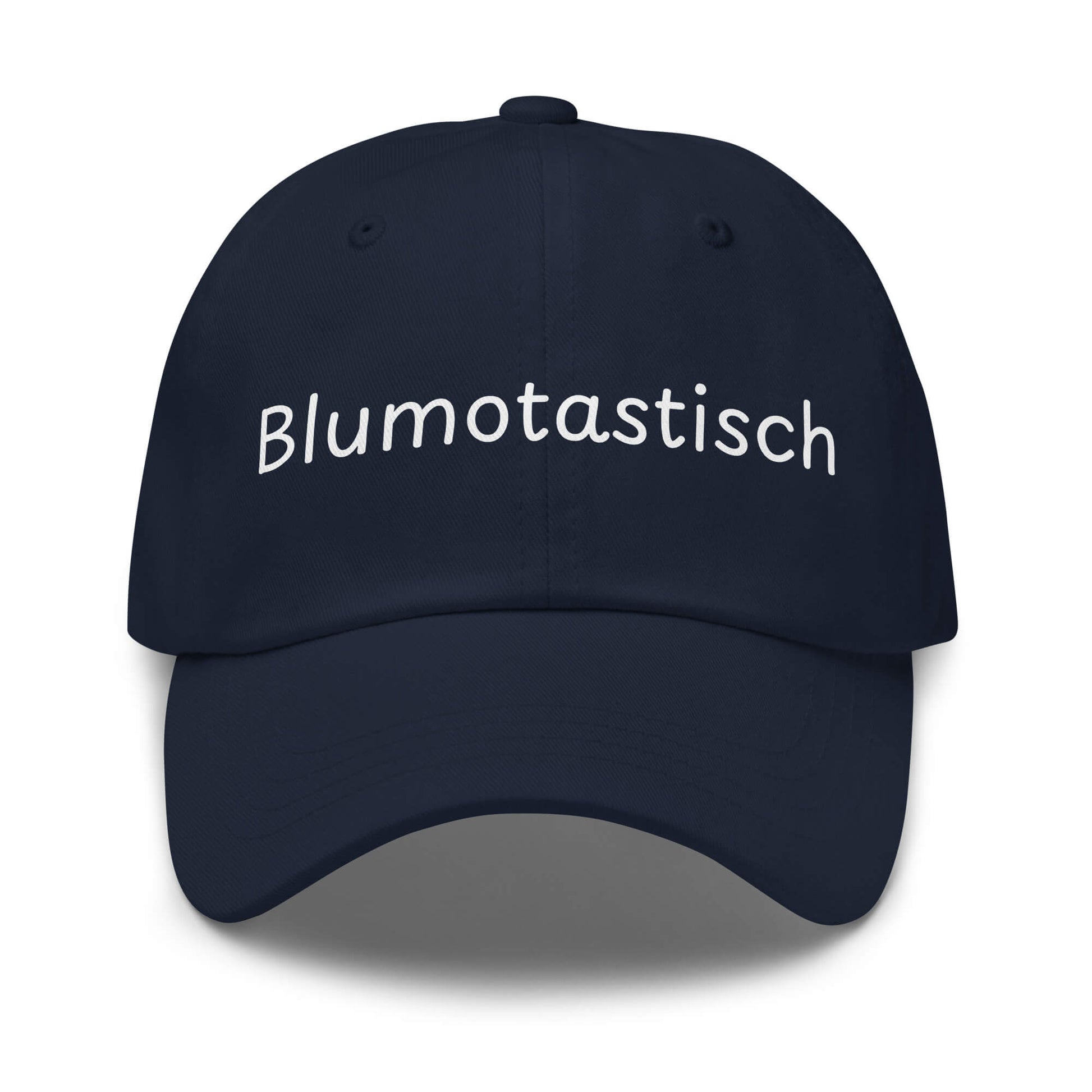Blumotastisch Premium Dad Cap in Marineblau aus Chino-Baumwoll-Twill - neues Wort für Perfektion und Schönheit - Front - Wortstolz Design