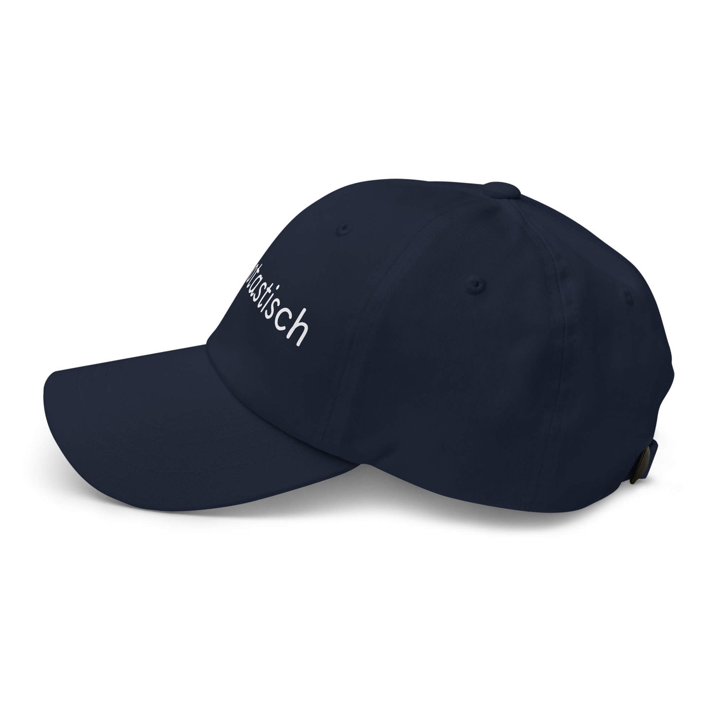 Blumotastisch Premium Dad Cap in Marineblau aus Chino-Baumwoll-Twill - neues Wort für Perfektion und Schönheit - links - Wortstolz Design