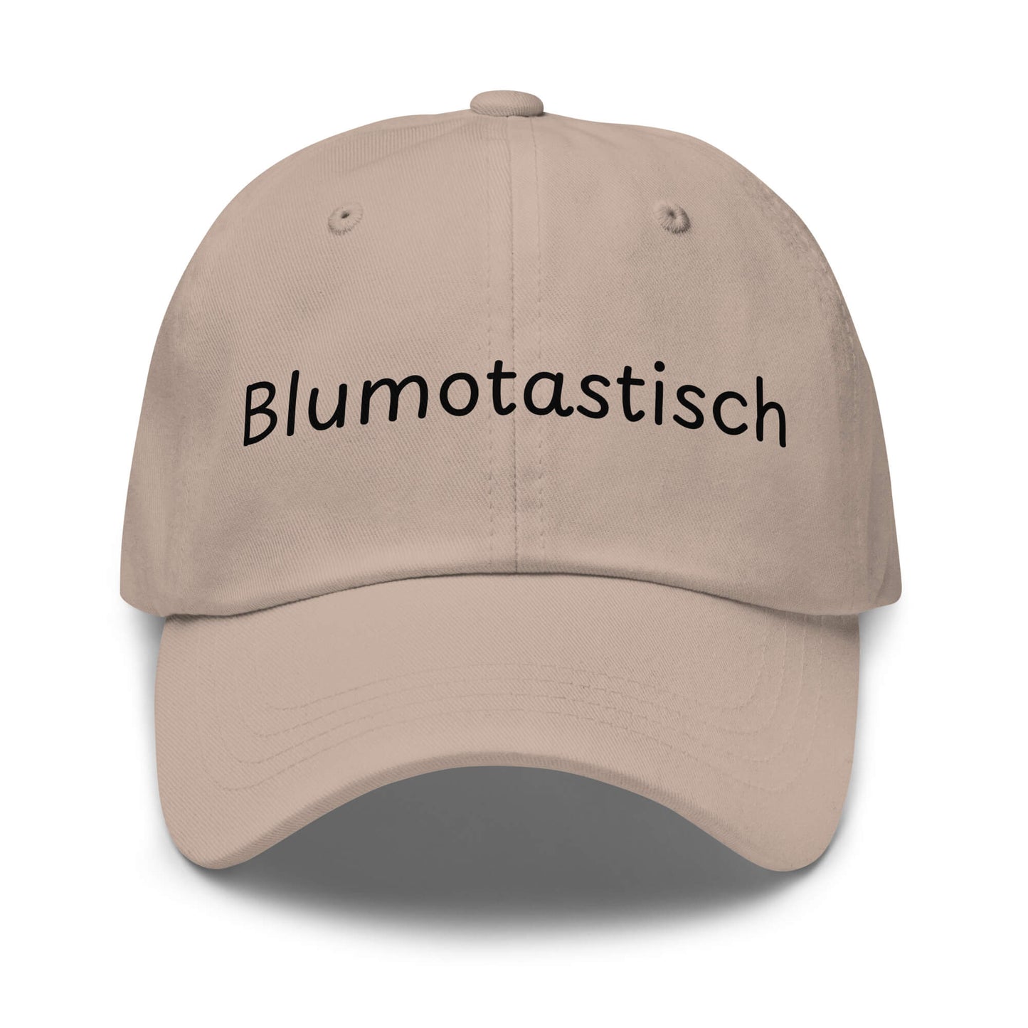 Blumotastisch Premium Dad Cap in Stone aus Chino-Baumwoll-Twill - neues Wort für Perfektion und Schönheit - Front - Wortstolz Design