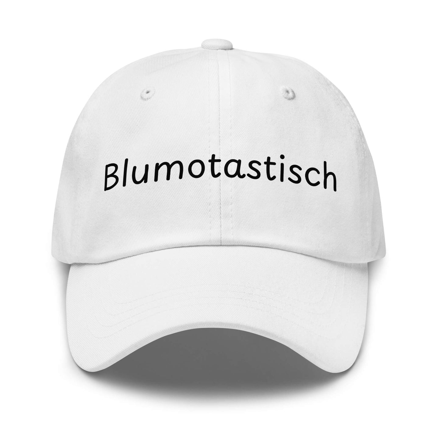 Blumotastisch Premium Dad Cap in Weiß aus Chino-Baumwoll-Twill - neues Wort für Perfektion und Schönheit - Front - Wortstolz Design