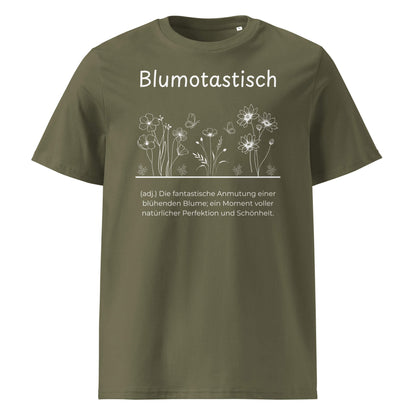 Blumotastisch Premium T-Shirt in Khaki aus Bio-Baumwolle - neues Wort für Perfektion und Schönheit - Front - Wortstolz Design