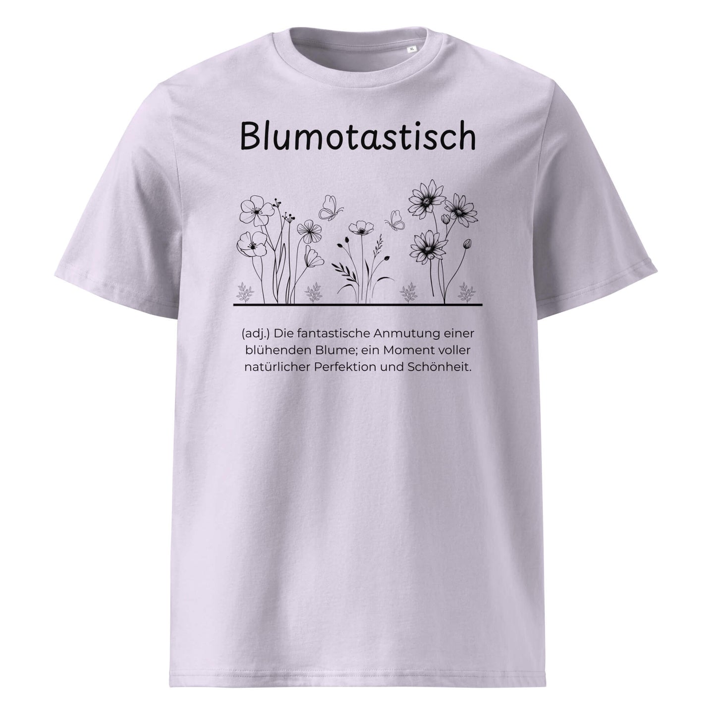 Blumotastisch Premium T-Shirt in Lavender aus Bio-Baumwolle - neues Wort für Perfektion und Schönheit - Front - Wortstolz Design