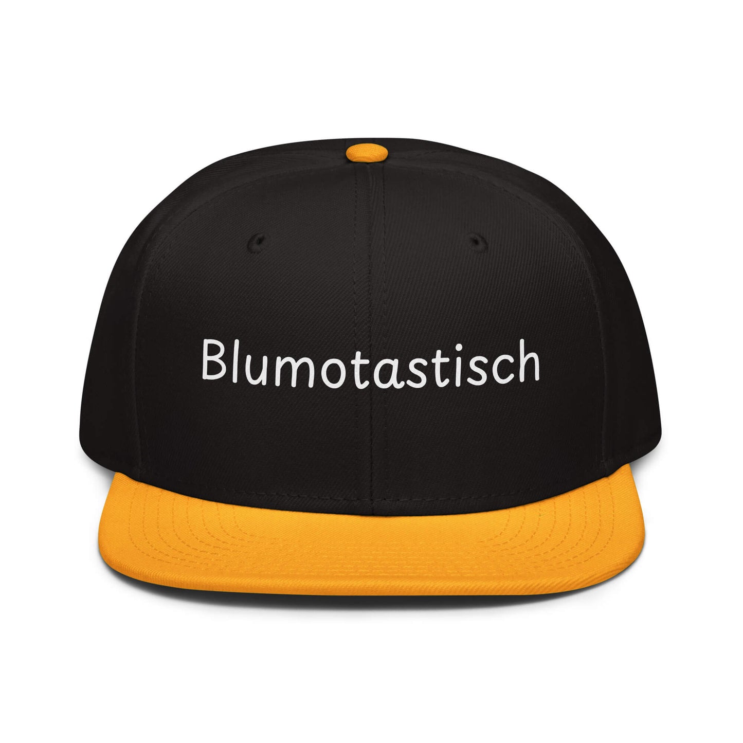 Blumotastisch Snapback Cap in Schwarz - Gold aus Acryl-Woll-Mix - neues Wort für Perfektion und Schönheit - Front - Wortstolz Design