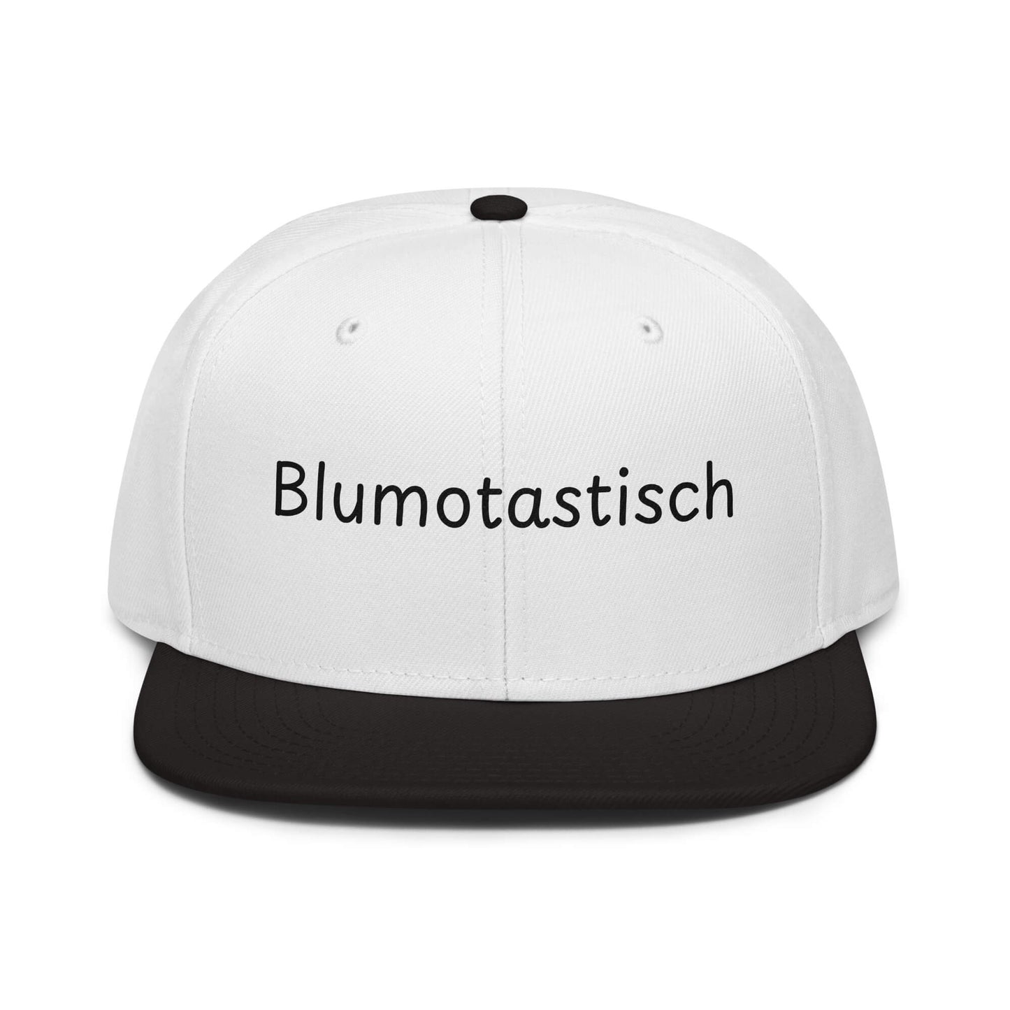 Blumotastisch Snapback Cap in Weiß - Schwarz aus Acryl-Woll-Mix - neues Wort für Perfektion und Schönheit - Front - Wortstolz Design