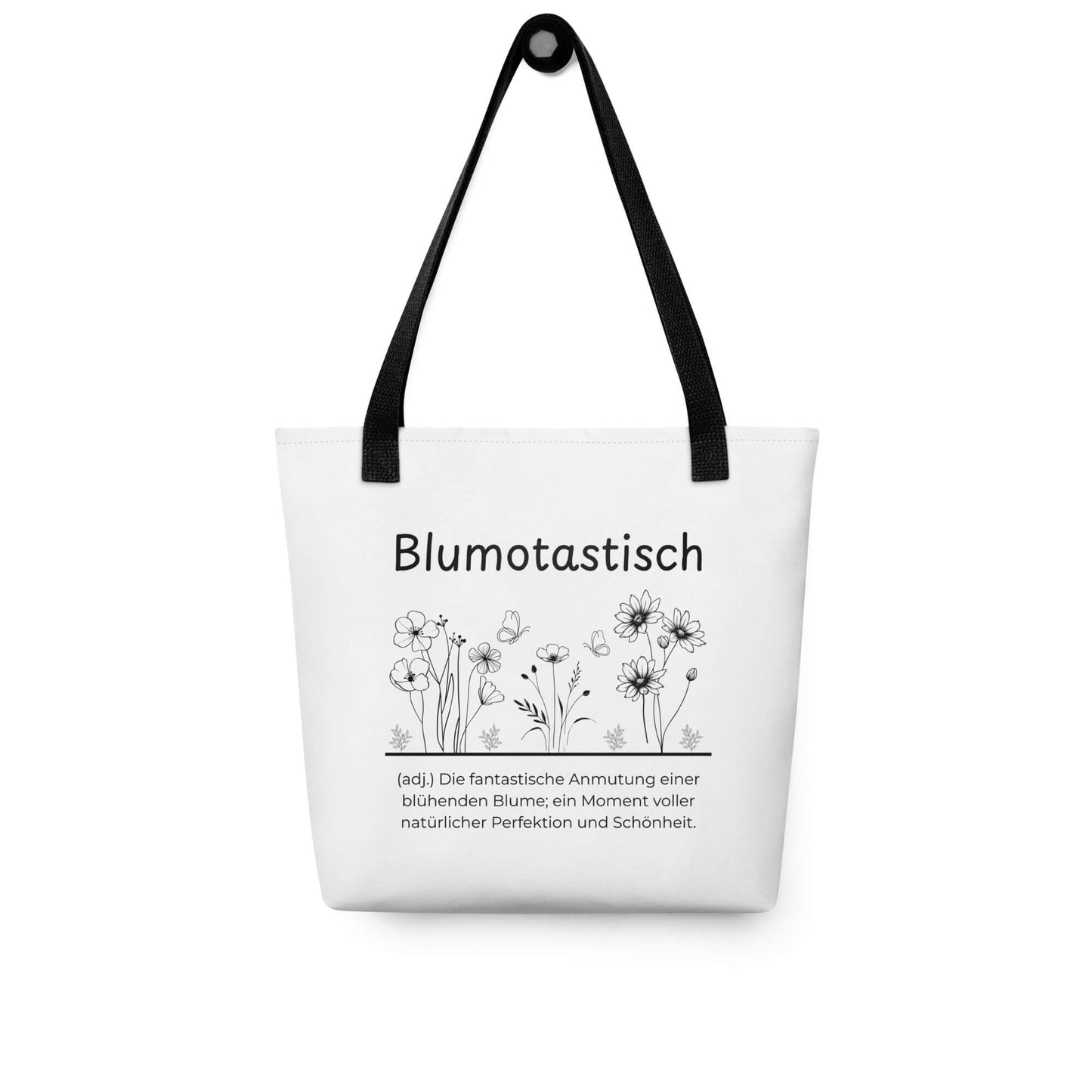 Blumotastisch - Stofftasche in Black -White aus Polyester und Baumwolle - Premium Edition - Frontansicht hängend mit schwarzem Print