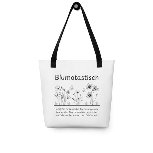 Blumotastisch - Stofftasche in Black -White aus Polyester und Baumwolle - Premium Edition - Frontansicht hängend mit schwarzem Print