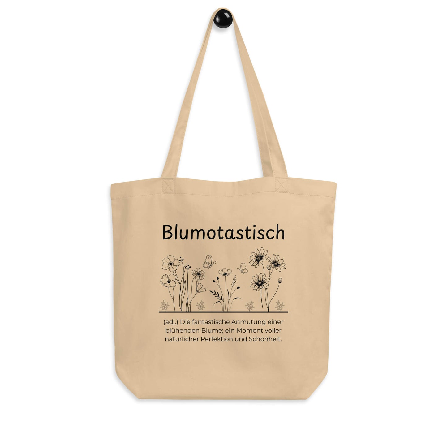 Blumotastisch Bio-Stoffbeutel. Einkaufstasche in Khaki aus Bio-Baumwolle - Res5 Edition - Frontansicht hängend mit schwarzem Print