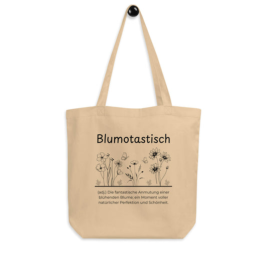 Blumotastisch Bio-Stoffbeutel. Einkaufstasche in Khaki aus Bio-Baumwolle - Res5 Edition - Frontansicht hängend mit schwarzem Print