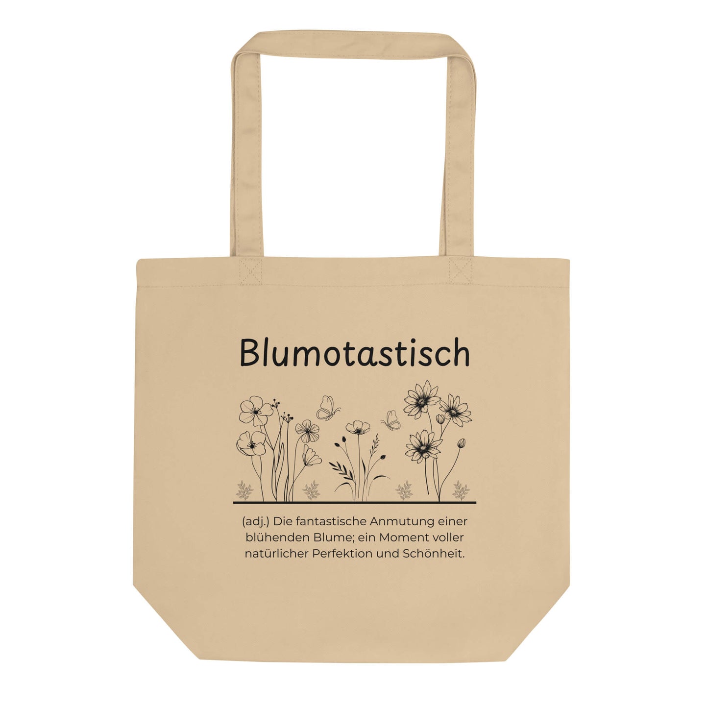 Blumotastisch Bio-Stoffbeutel. Einkaufstasche in Khaki aus Bio-Baumwolle - Res5 Edition - Frontansichtmit schwarzem Print