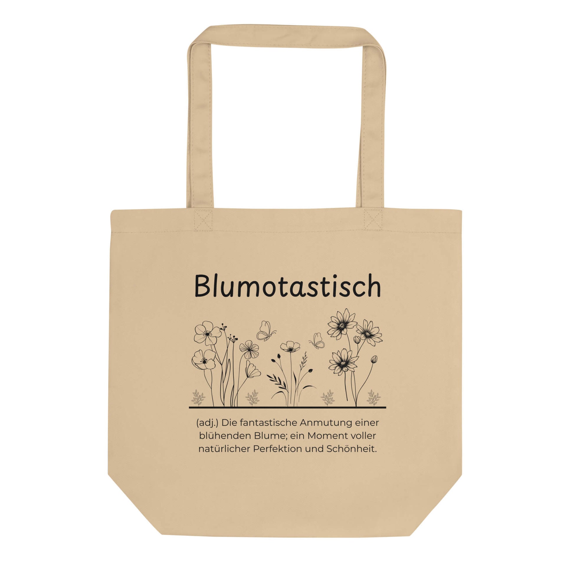 Blumotastisch Bio-Stoffbeutel. Einkaufstasche in Khaki aus Bio-Baumwolle - Res5 Edition - Frontansichtmit schwarzem Print