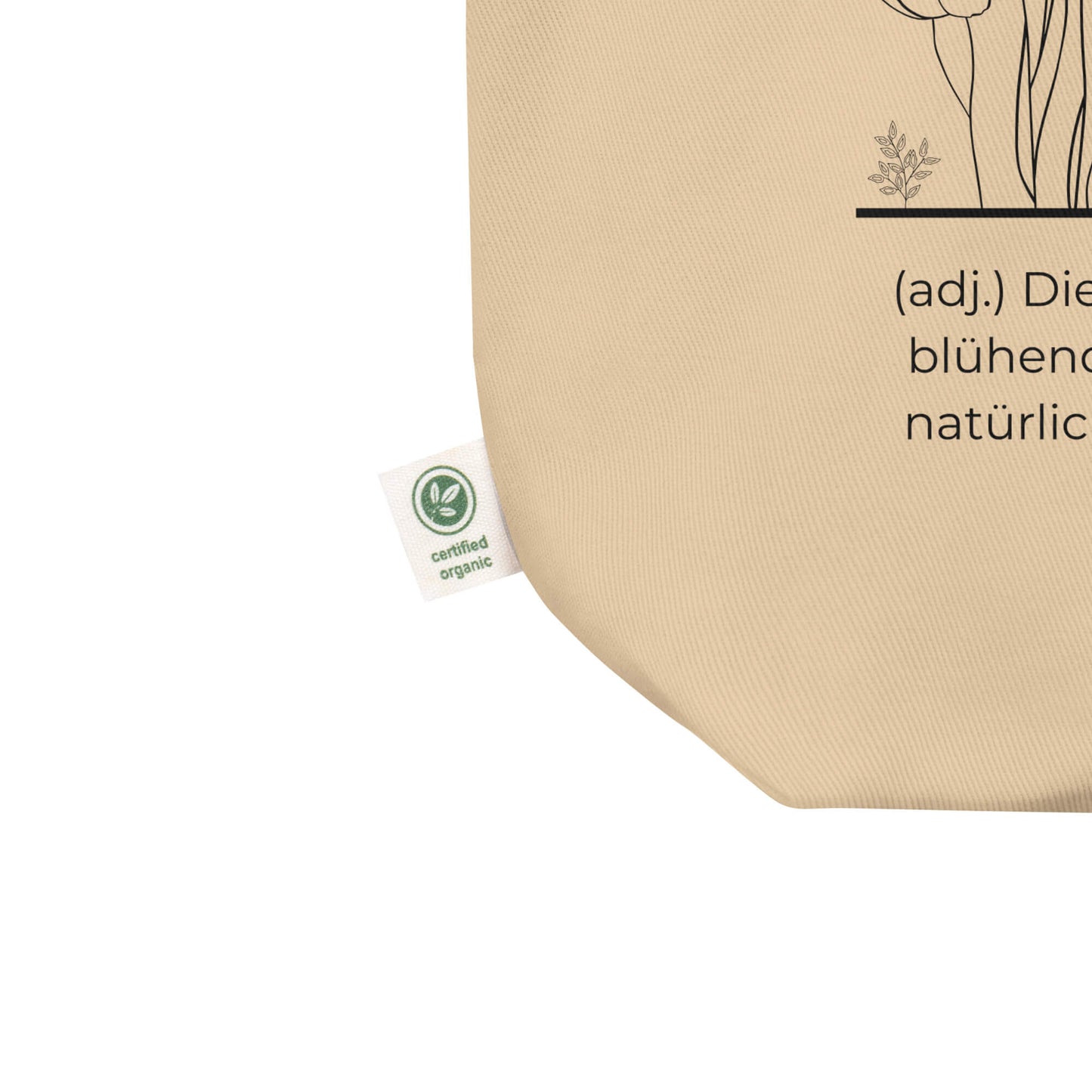 Blumotastisch Bio-Stoffbeutel. Einkaufstasche in Khaki aus Bio-Baumwolle - Res5 Edition - Ansicht Zertifikat Info