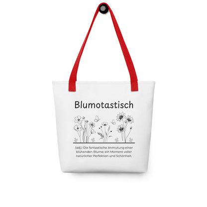 Blumotastisch - Stofftasche in Red -White aus Polyester und Baumwolle - Premium Edition - Frontansicht hängend mit schwarzem Print