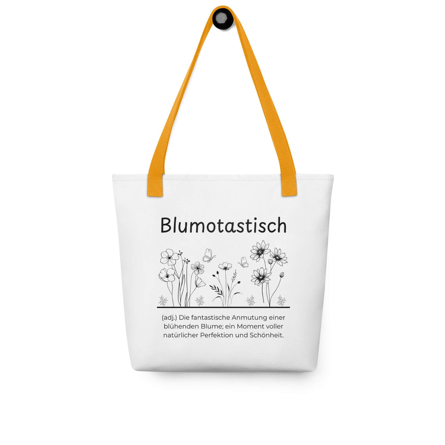 Blumotastisch - Stofftasche in Yellow -White aus Polyester und Baumwolle - Premium Edition - Frontansicht hängend mit schwarzem Print