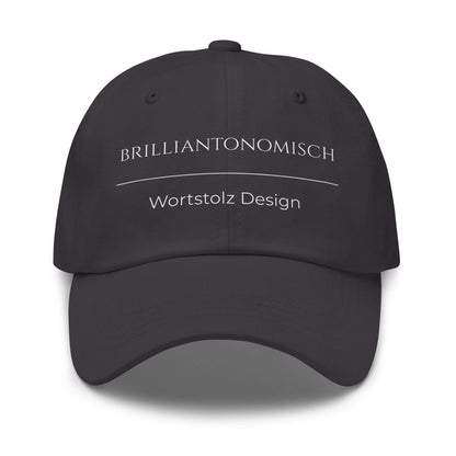 Brilliantonomisch Premium Dad Cap in Grau aus Chino-Baumwoll-Twill - neues Wort für Perfektion und Genialität - Front - Wortstolz Design