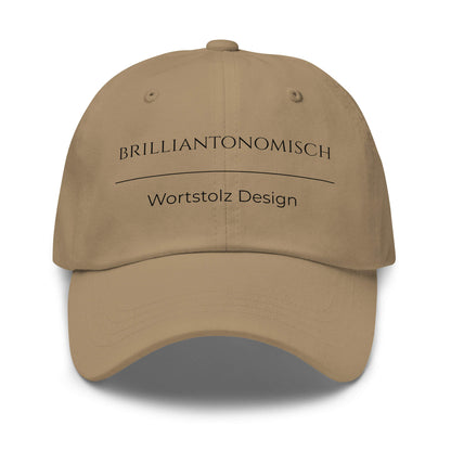 Brilliantonomisch Premium Dad Cap in Khaki aus Chino-Baumwoll-Twill - neues Wort für Perfektion und Genialität - Front - Wortstolz Design