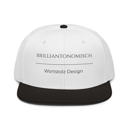 Brilliantonomisch Snapback Cap in Weiß - Schwarz aus Acryl-Woll-Mix - neues Wort für Genialität und Perfektion - Front - Wortstolz Design