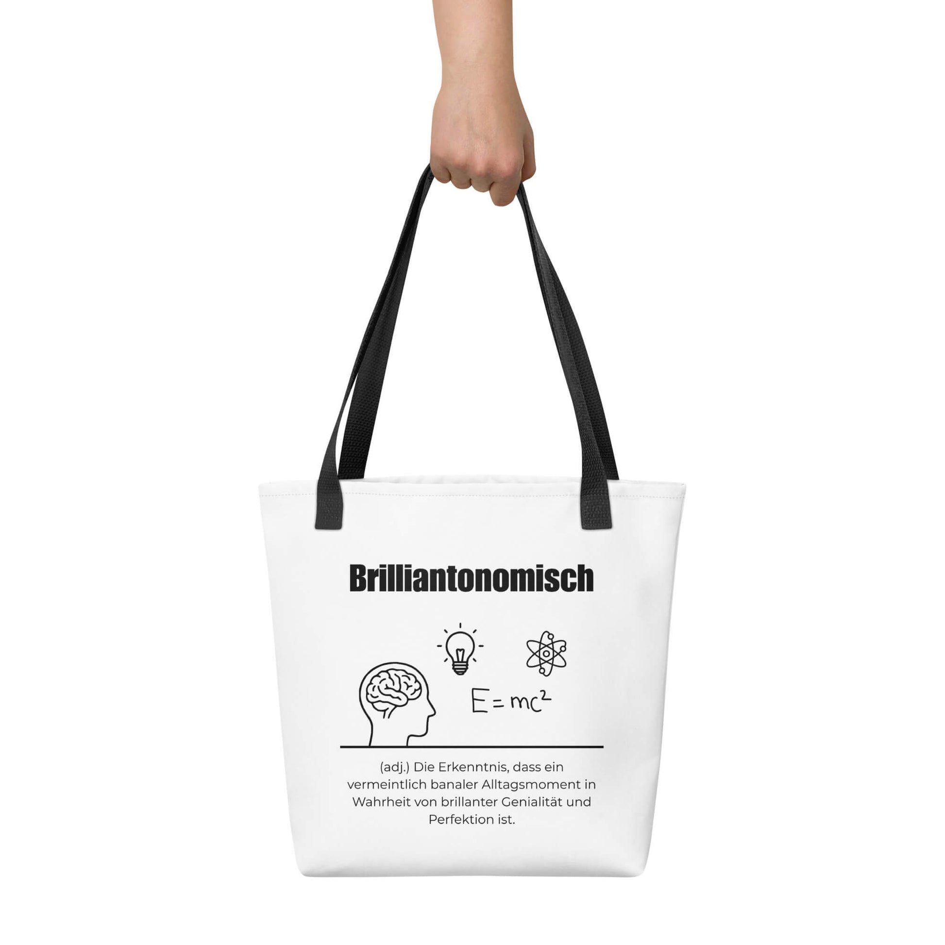 Brilliantonomisch - Stofftasche in Black -White aus Polyester und Baumwolle - Premium Edition - Frontansicht haltend in Hand mit schwarzem Print