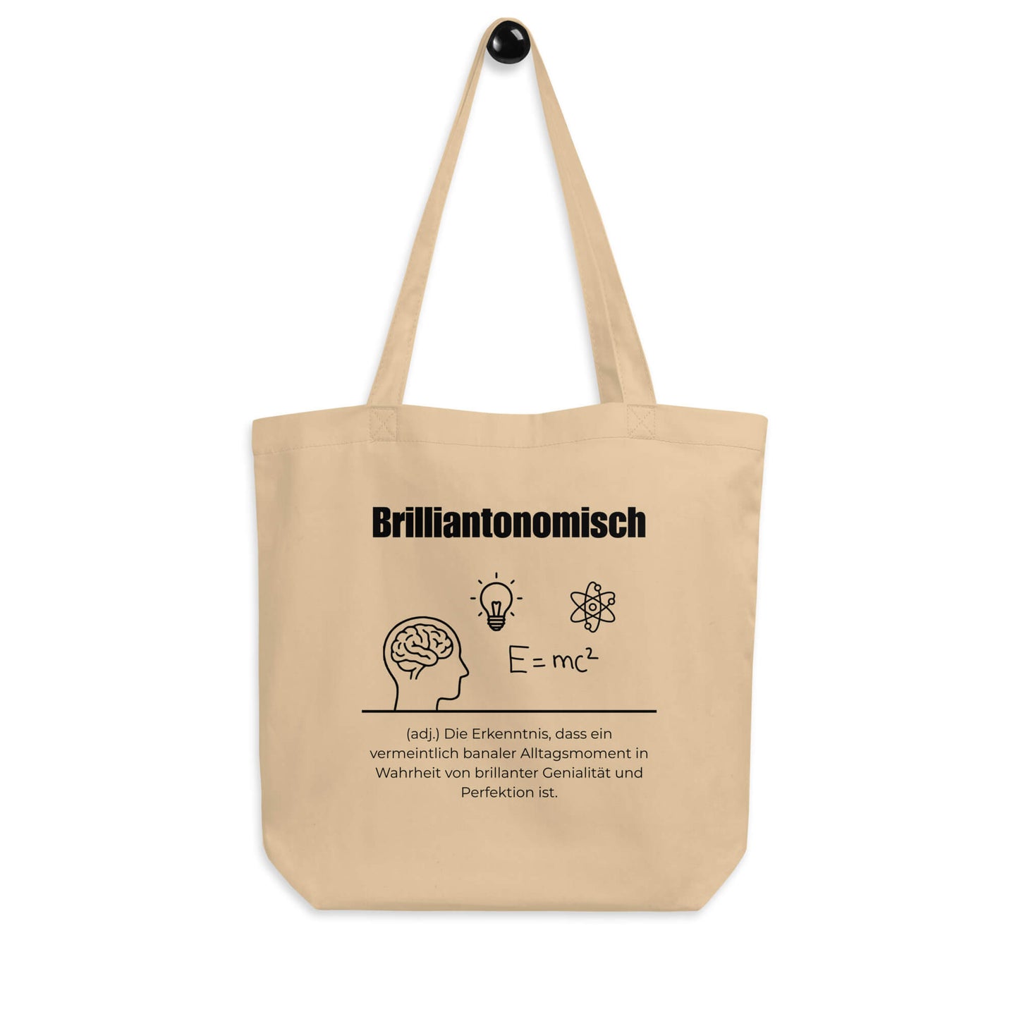 Brilliantonomisch Bio-Stoffbeutel. Einkaufstasche in Oyster aus Bio-Baumwolle - Res5 Edition - Frontansicht hängend mit schwarzem Print