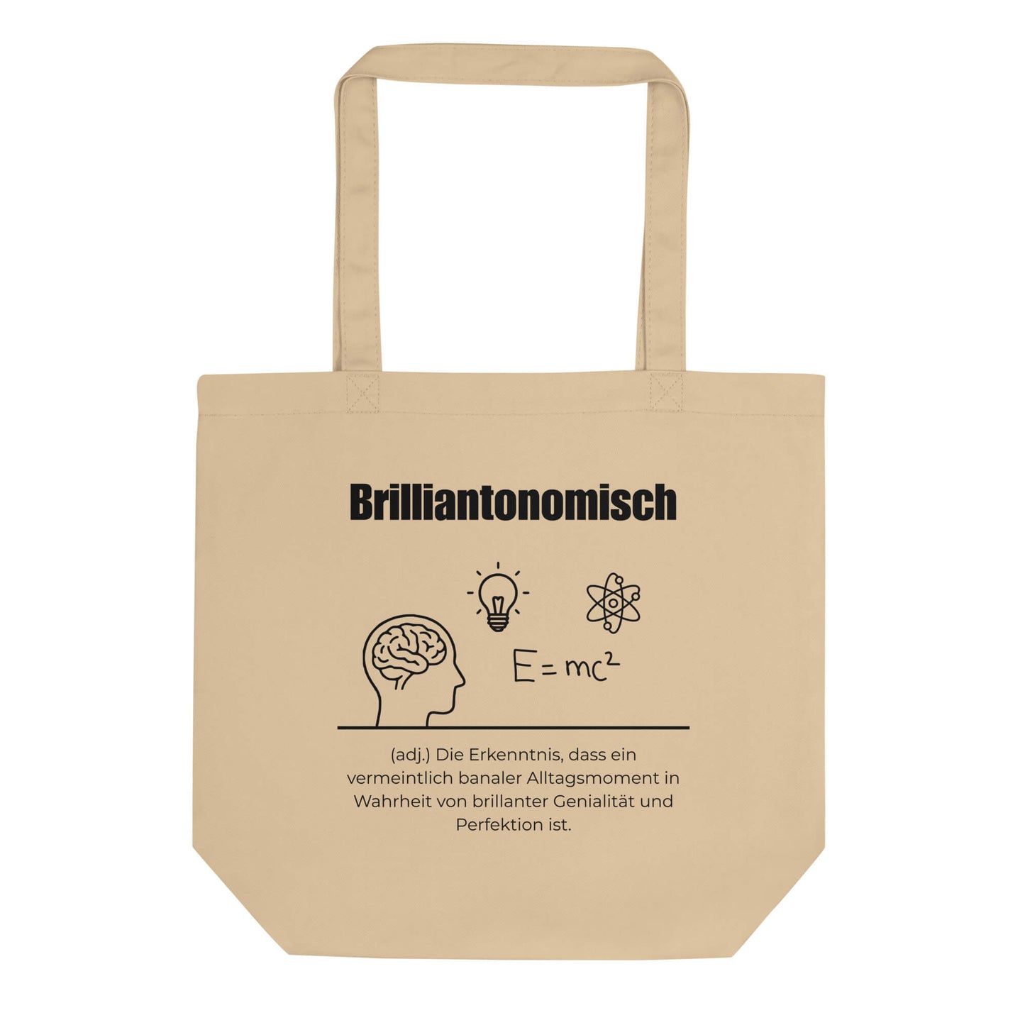Brilliantonomisch Bio-Stoffbeutel. Einkaufstasche in Oyster aus Bio-Baumwolle - Res5 Edition - Frontansichtmit schwarzem Print
