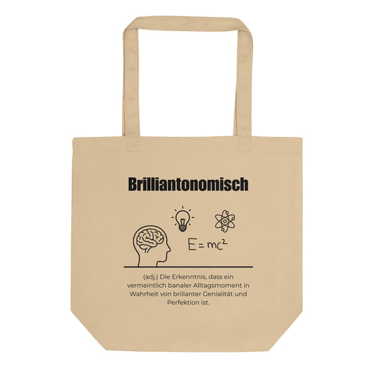 Brilliantonomisch Bio-Stoffbeutel. Einkaufstasche in Oyster aus Bio-Baumwolle - Res5 Edition - Frontansichtmit schwarzem Print