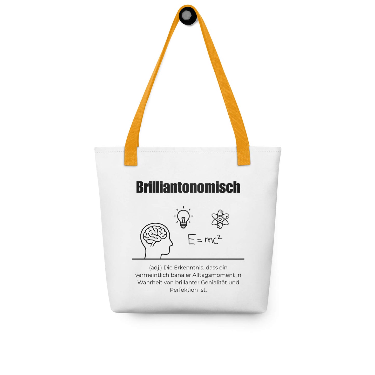 Brilliantonomisch - Stofftasche in Yellow -White aus Polyester und Baumwolle - Premium Edition - Frontansicht hängend mit schwarzem Print