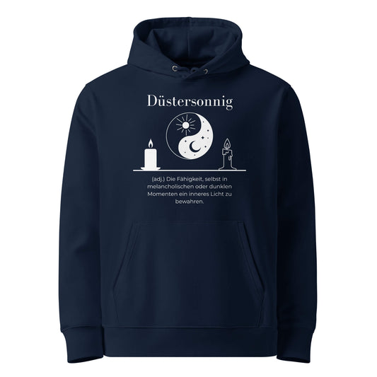 Hoodie mit Spruch - Düstersonnig Kapuzenpullover in Marineblau aus Bio-Baumwolle - Premium Edition - Frontansicht mit weißem Print