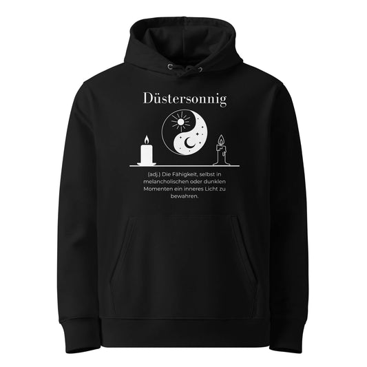 Hoodie mit Spruch - Düstersonnig Kapuzenpullover in Schwarz aus Bio-Baumwolle - Premium Edition - Frontansicht mit weißem Print