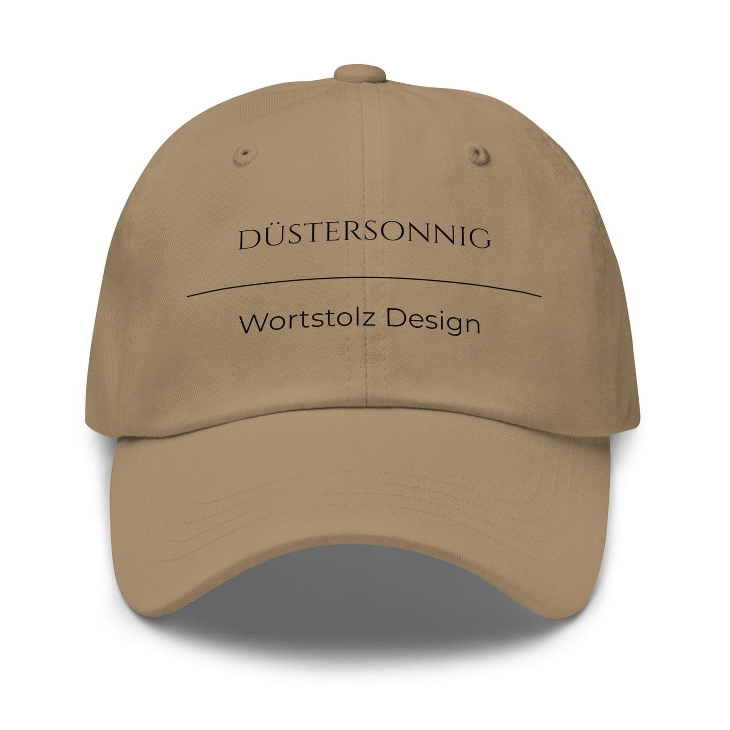 Düstersonnig Premium Dad Cap in Khaki aus Chino-Baumwoll-Twill - neues Wort für Dunkelheit und inneres Licht - Front - Wortstolz Design