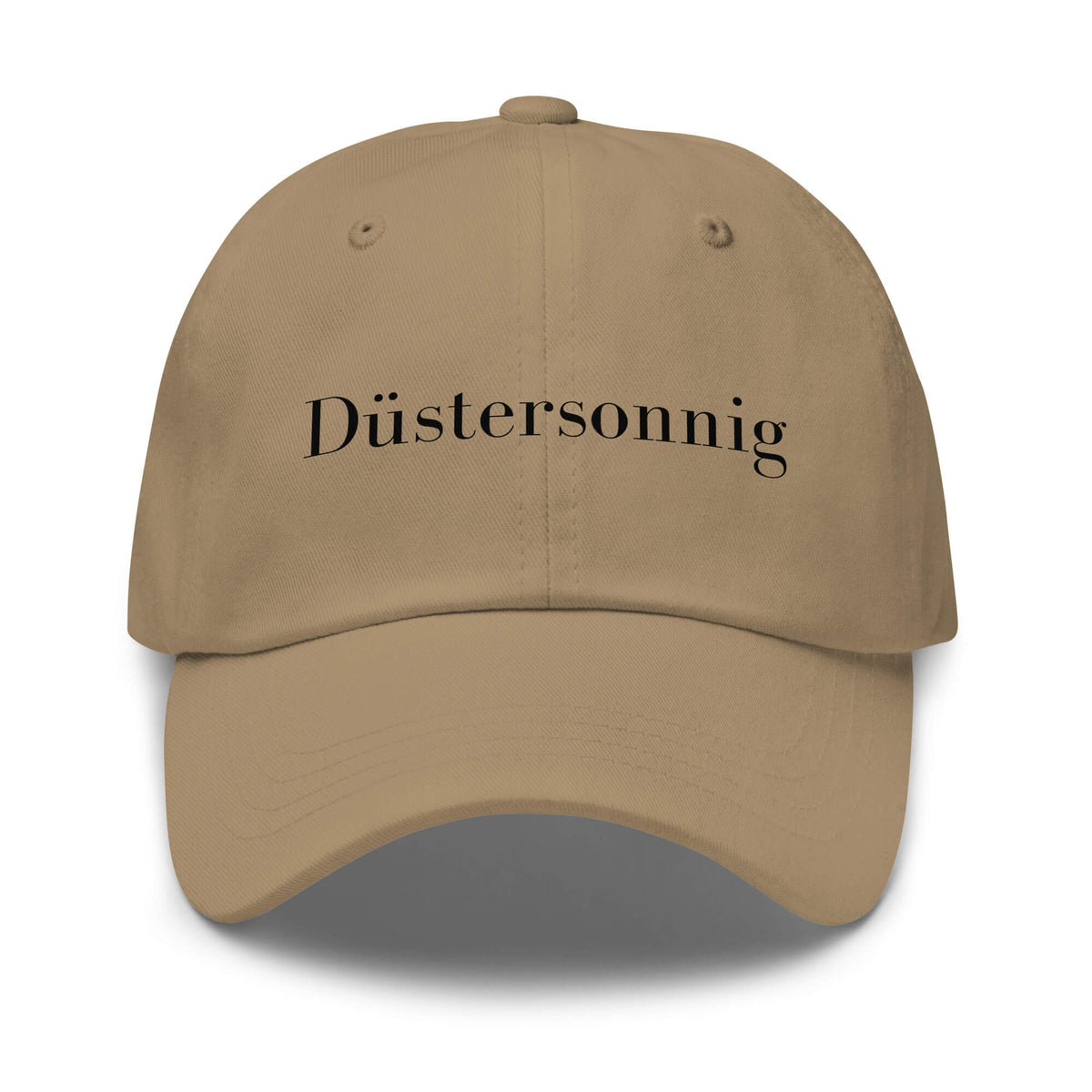 Düstersonnig Premium Dad Cap in Khaki aus Chino-Baumwoll-Twill - neues Wort für Dunkelheit und inneres Licht - Front - Wortstolz Design