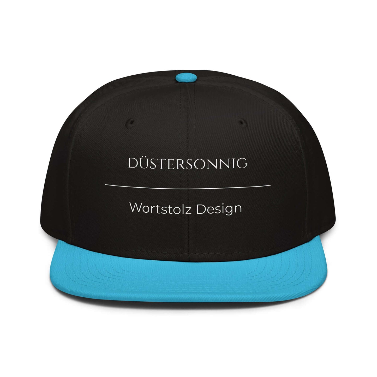 Düstersonnig Snapback Cap in Schwarz - Blau aus Acryl-Woll-Mix - neues Wort für Dunkelheit und inneres Licht - Front - Wortstolz Design