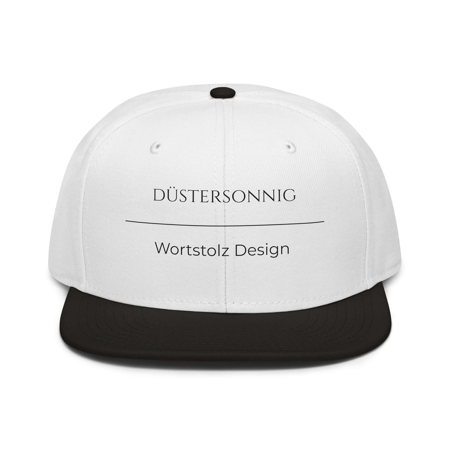 Düstersonnig Snapback Cap in Weiß - Schwarz aus Acryl-Woll-Mix - neues Wort für Dunkelheit und inneres Licht - Front - Wortstolz Design