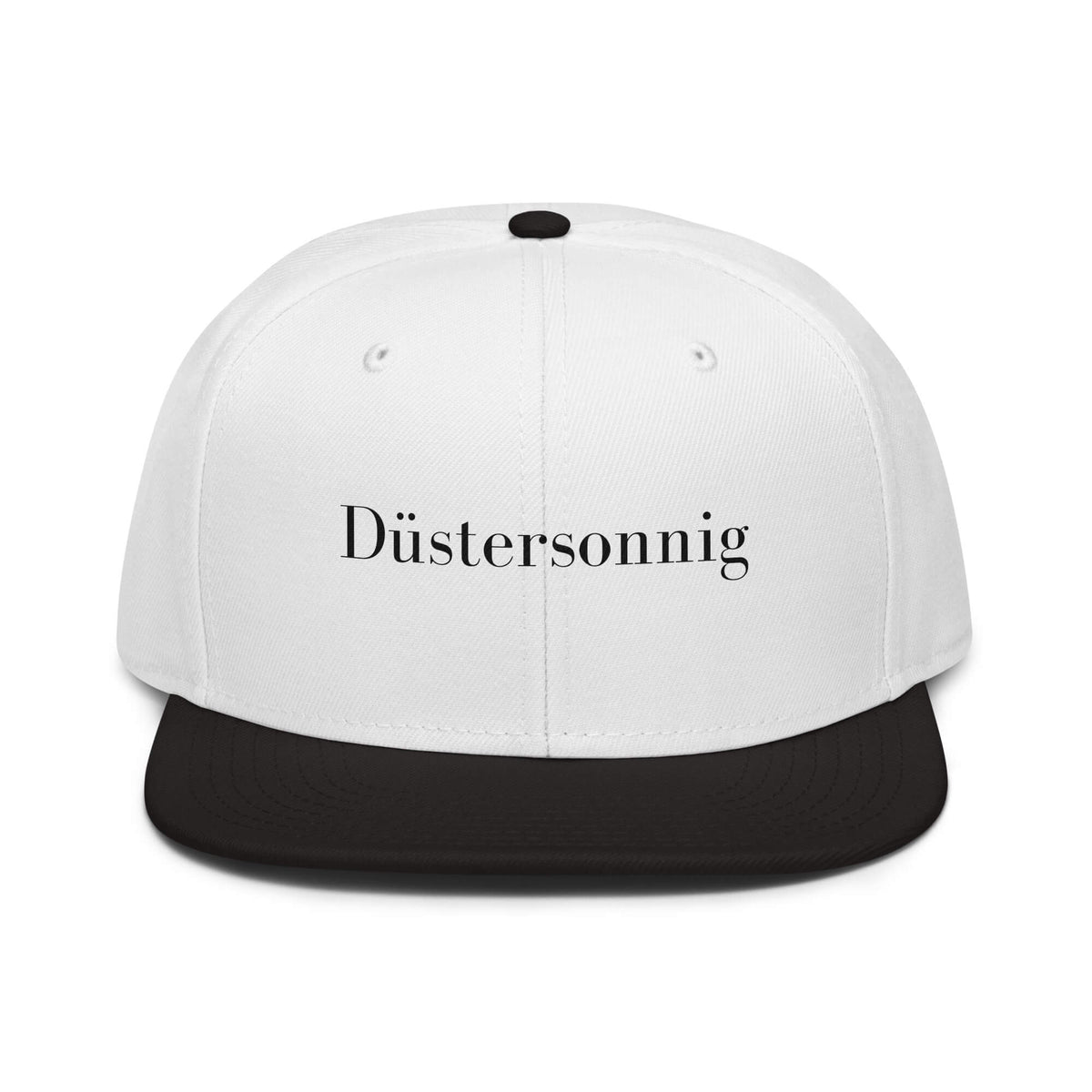 Düstersonnig Snapback Cap in Weiß - Schwarz aus Acryl-Woll-Mix - neues Wort für Dunkelheit und inneres Licht - Front - Wortstolz Design