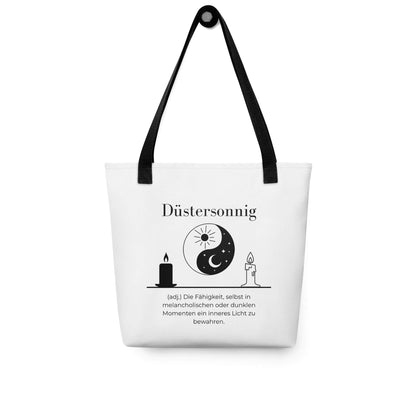 Düstersonnig - Stofftasche in Black -White aus Polyester und Baumwolle - Premium Edition - Frontansicht hängend mit schwarzem Print