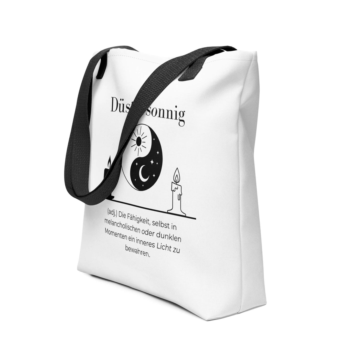 Düstersonnig - Stofftasche in Black - White aus Polyester und Baumwolle - Premium Edition - Frontansicht schräg mit schwarzem Print