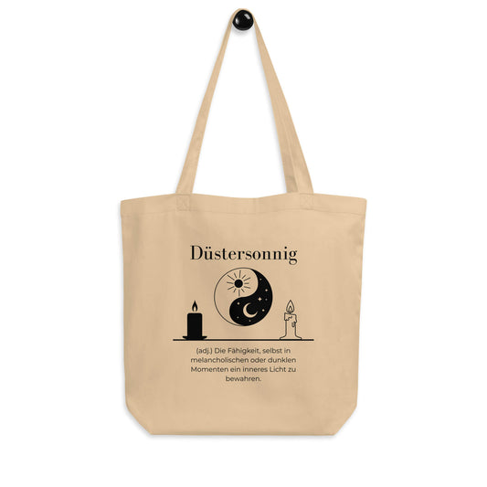 Düstersonnig Bio-Stoffbeutel. Einkaufstasche in Oyster aus Bio-Baumwolle - Res5 Edition - Frontansicht hängend mit schwarzem Print
