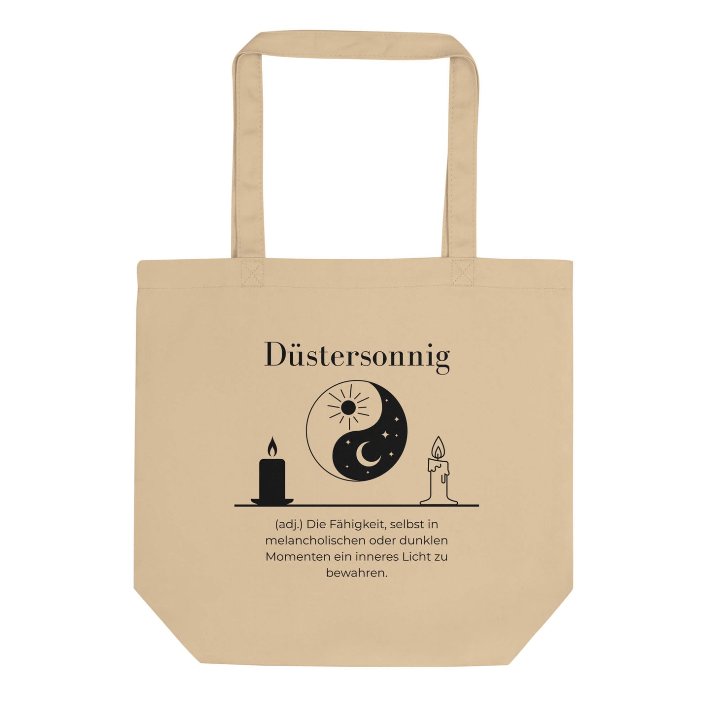 Düstersonnig Bio-Stoffbeutel. Einkaufstasche in Oyster aus Bio-Baumwolle - Res5 Edition - Frontansichtmit schwarzem Print