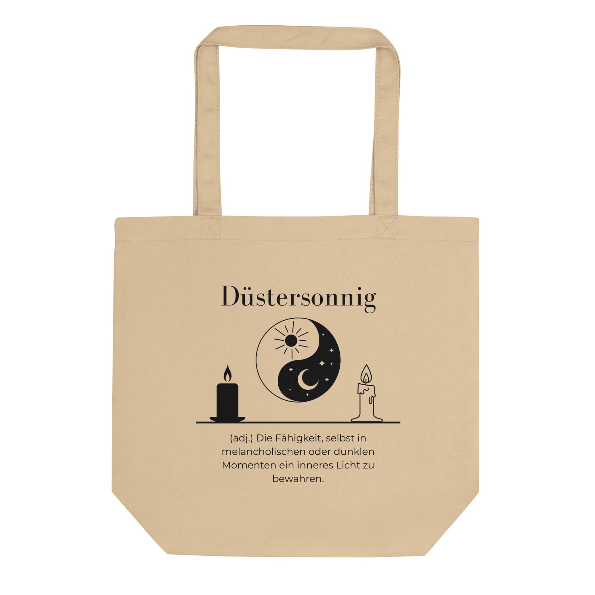 Düstersonnig Bio-Stoffbeutel. Einkaufstasche in Oyster aus Bio-Baumwolle - Res5 Edition - Frontansichtmit schwarzem Print