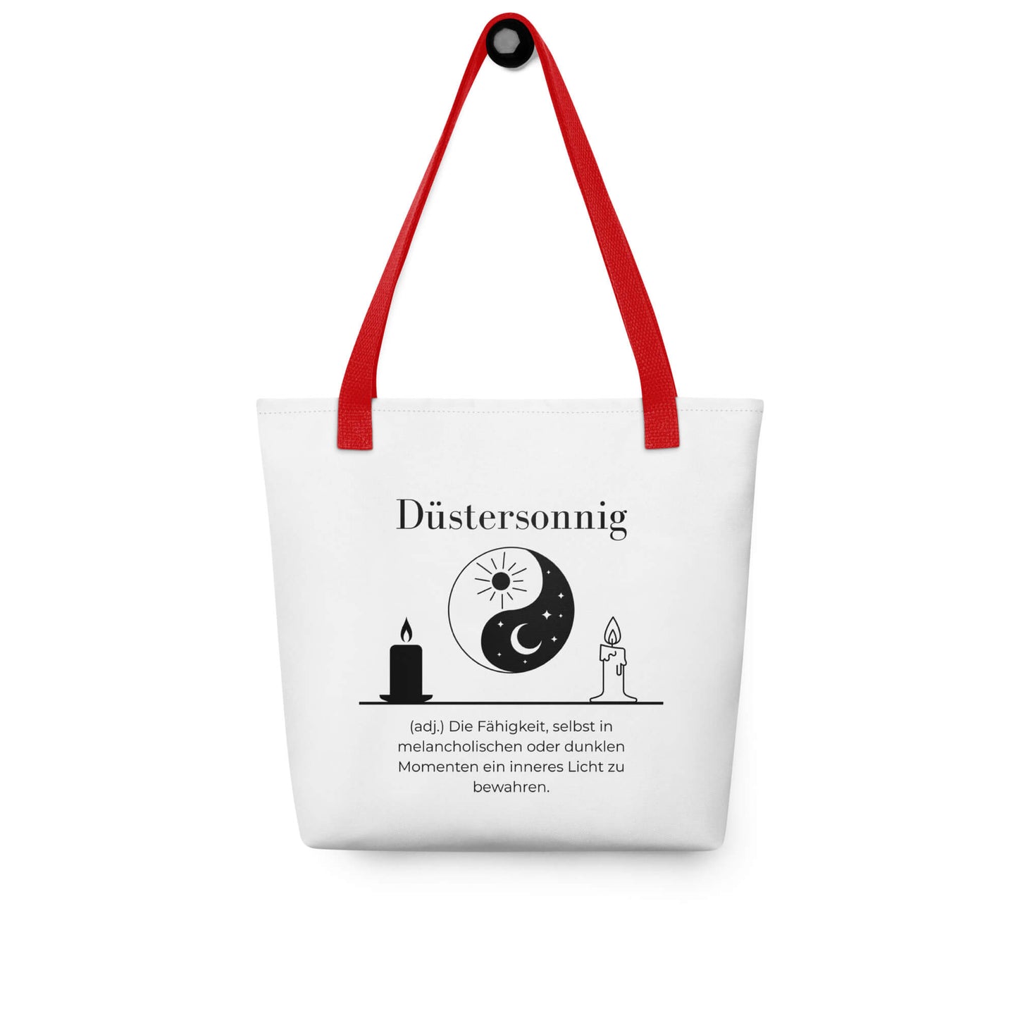 Düstersonnig - Stofftasche in Red -White aus Polyester und Baumwolle - Premium Edition - Frontansicht hängend mit schwarzem Print