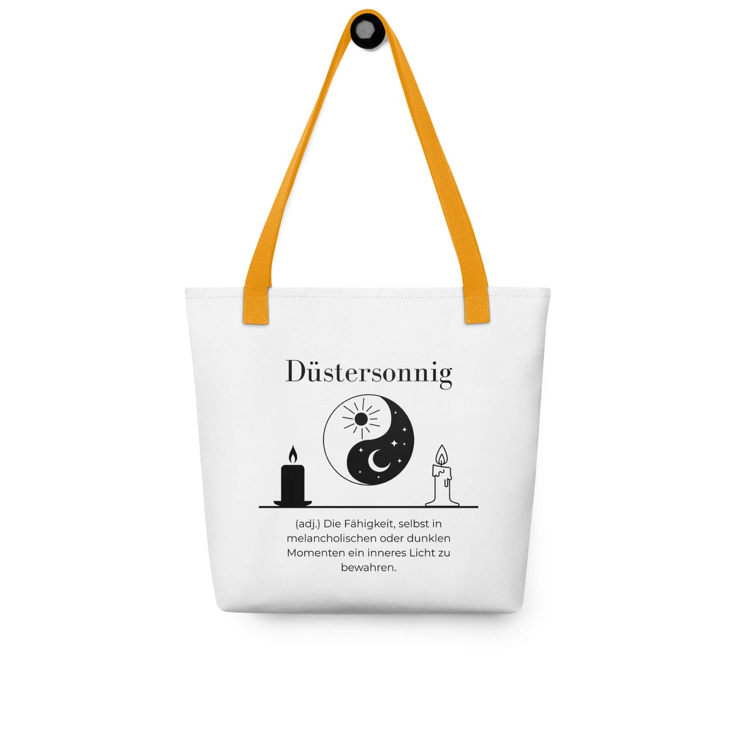 Düstersonnig - Stofftasche in Yellow -White aus Polyester und Baumwolle - Premium Edition - Frontansicht hängend mit schwarzem Print