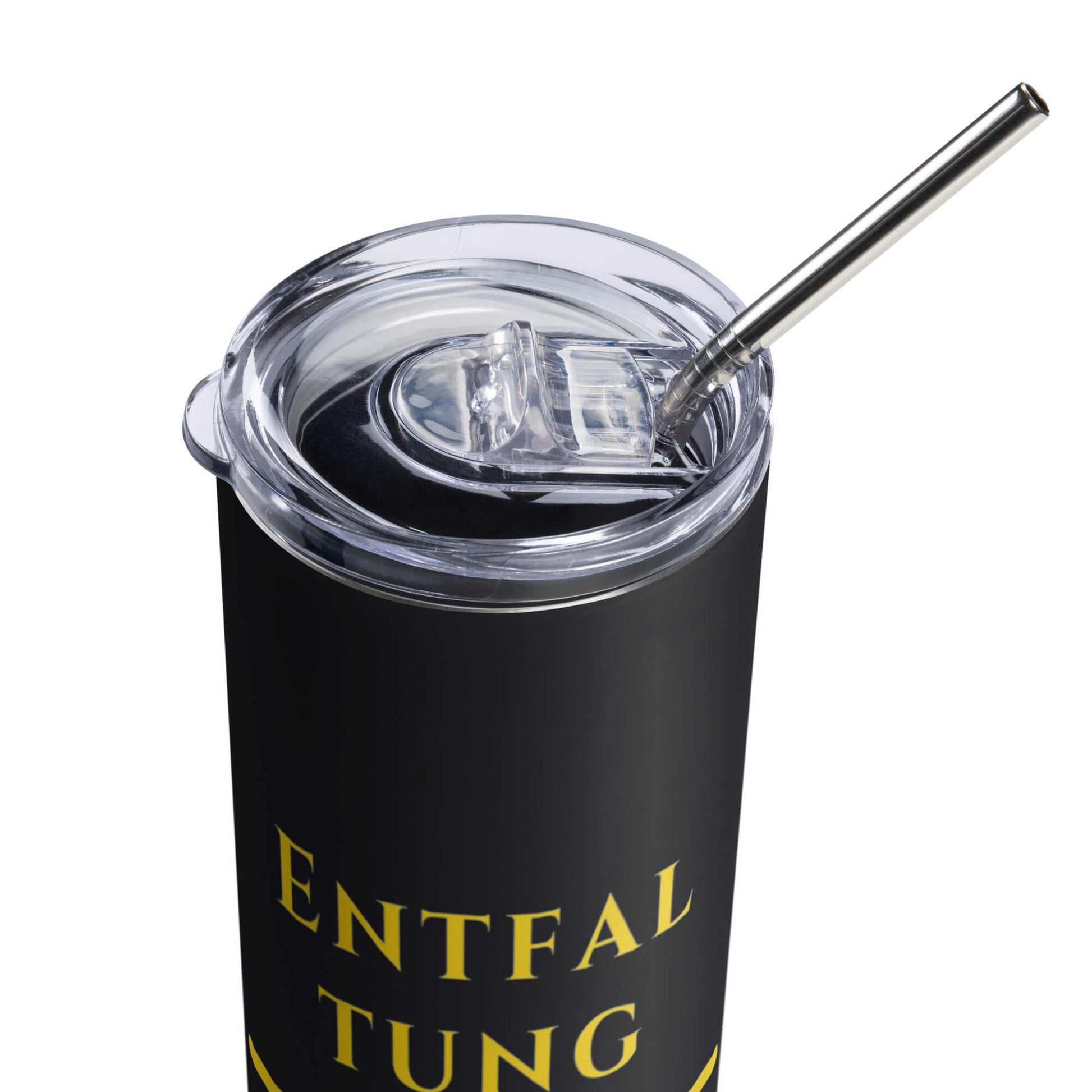 Entfaltung Gold Edelstahlbecher in Schwarz - inklusive Deckel und Strohhalm - Gesamt - Welt für Natur und Wachstum - Wortstolz Design