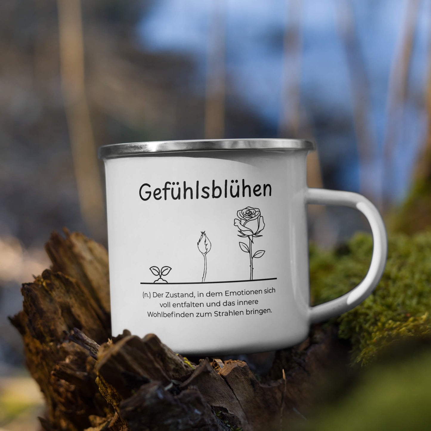 Gefühlsblühen Emailletasse in Weiß - neues Wort für Emotionen und Wohlbefinden - Front mit Henkel rechts - Natur Baum - Wortstolz Design