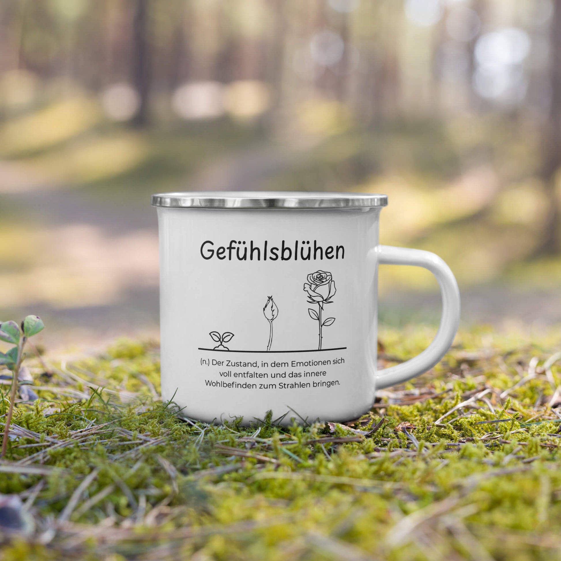 Gefühlsblühen Emailletasse in Weiß - neues Wort für Emotionen und Wohlbefinden - Front mit Henkel rechts - Natur hell - Wortstolz Design