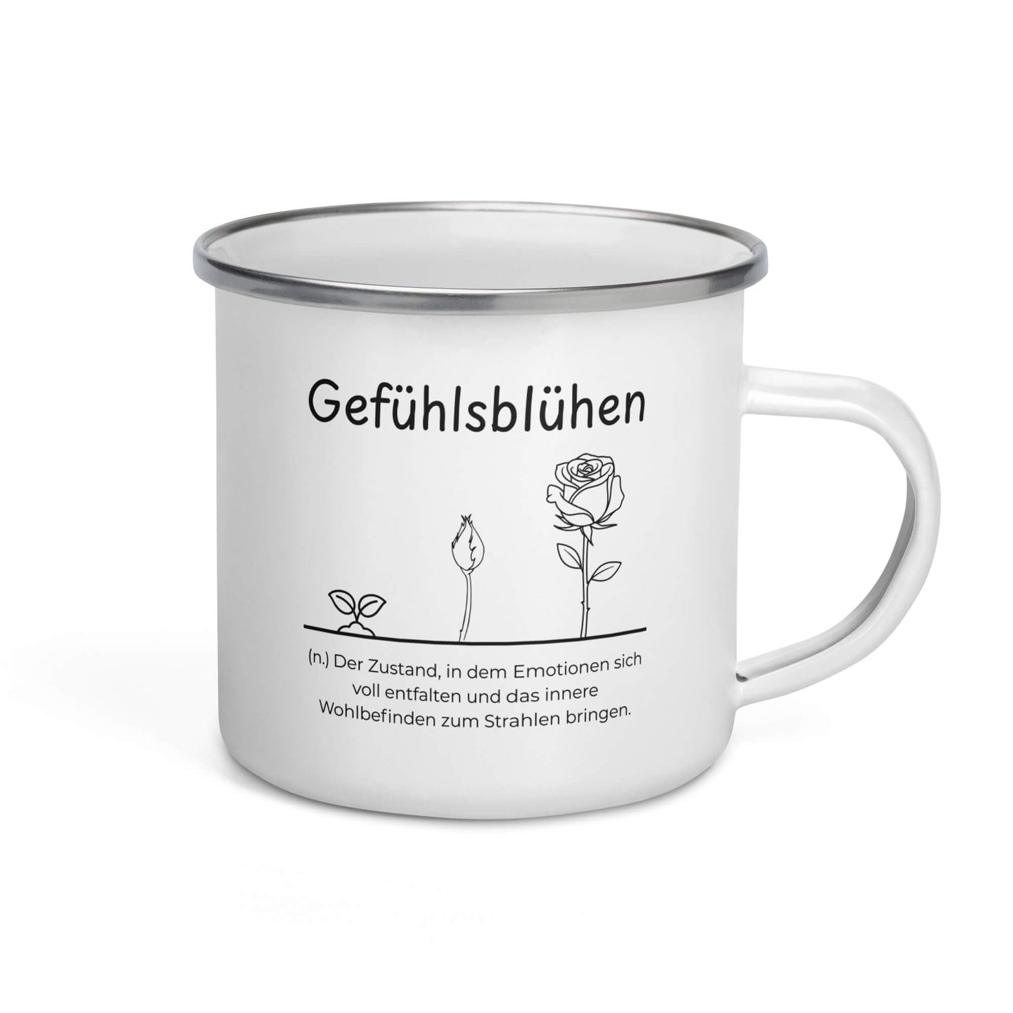 Gefühlsblühen Emailletasse in Weiß - neues Wort für Emotionen und Wohlbefinden - Front mit Henkel rechts - Wortstolz Design